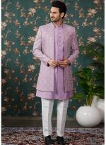 Art Silk Light Purple Wedding Wear Thread Work Readymade Sherwani